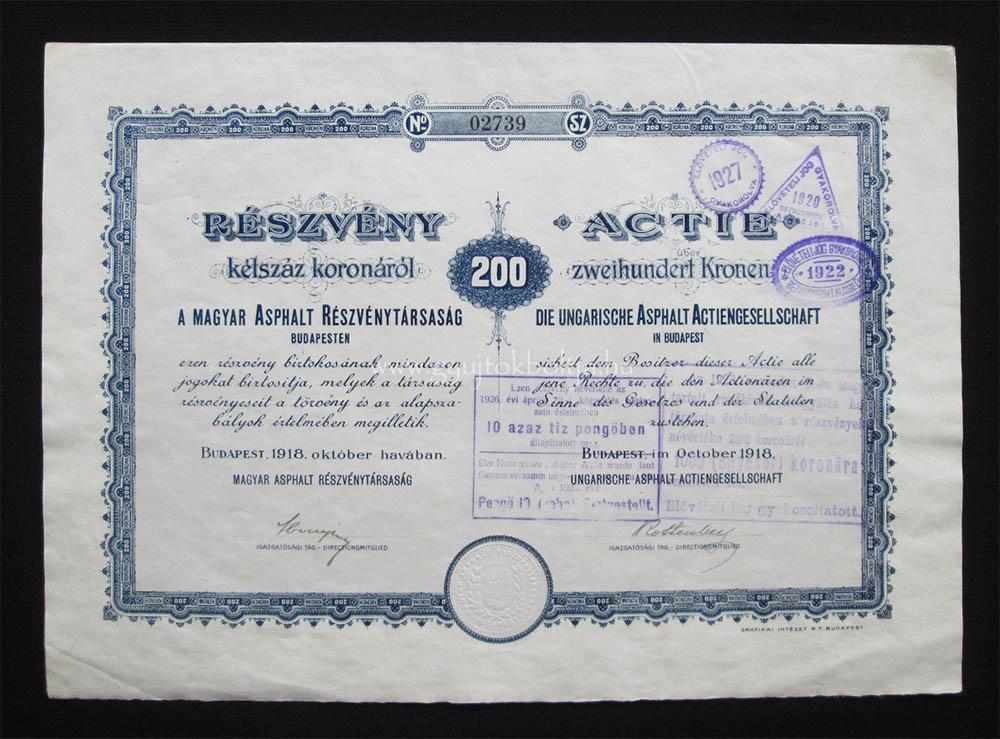 Magyar Asphalt (aszfalt) Részvénytársaság 200 korona 1918
